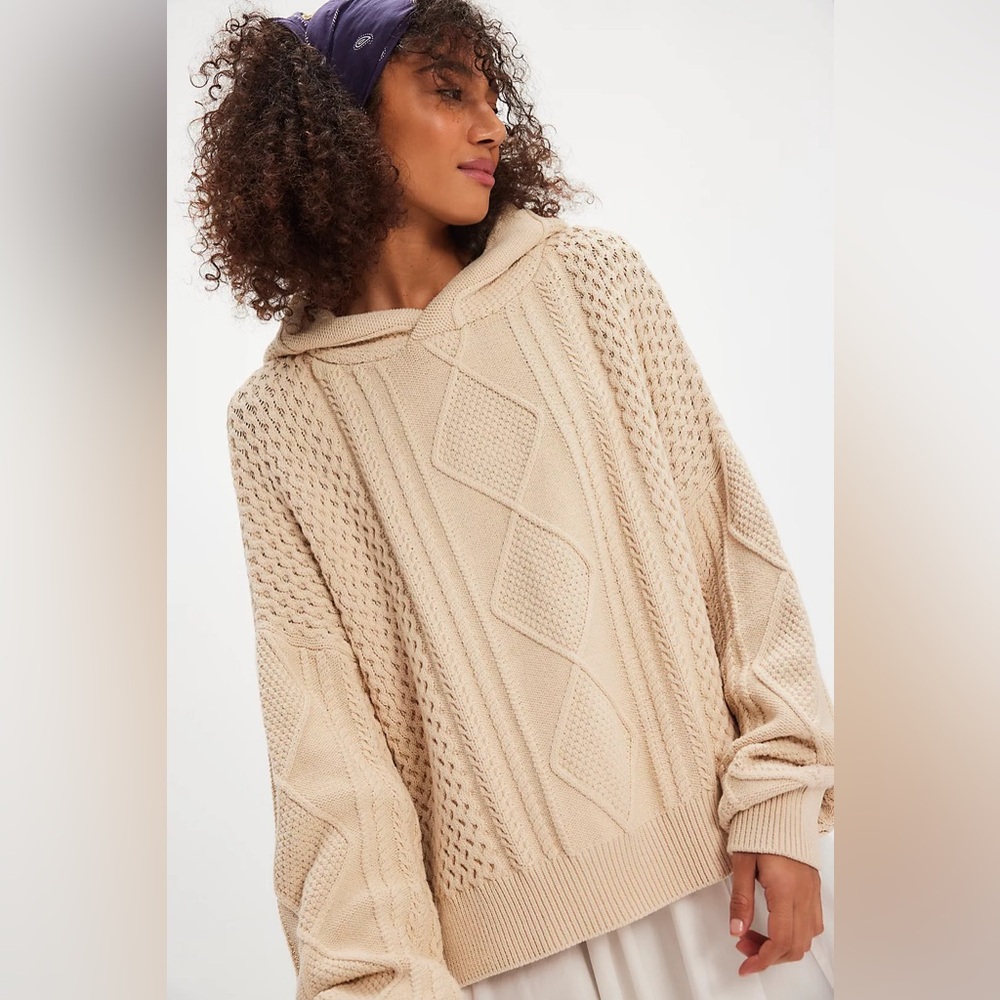 Free People Explorer Cable Knit Hoodie - Cream - Size Small - Oversized - New